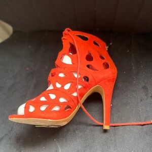 Women's Red Lace-Up Heels Statement Spring Red Orange Bright Comfy Anklel